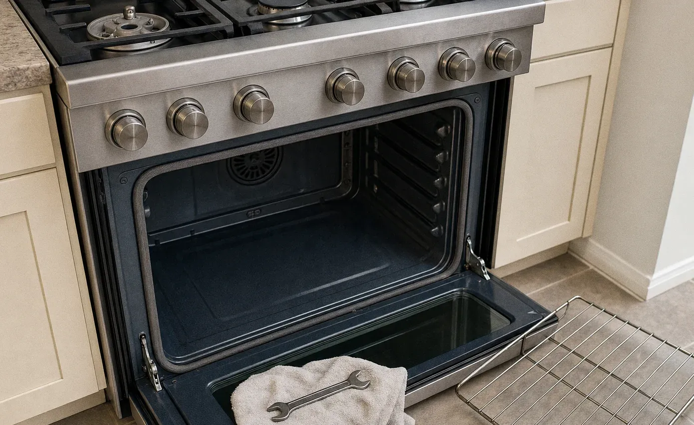 Open oven cavity with bare rack rails and a wrench lying on a towel across the lowered door
