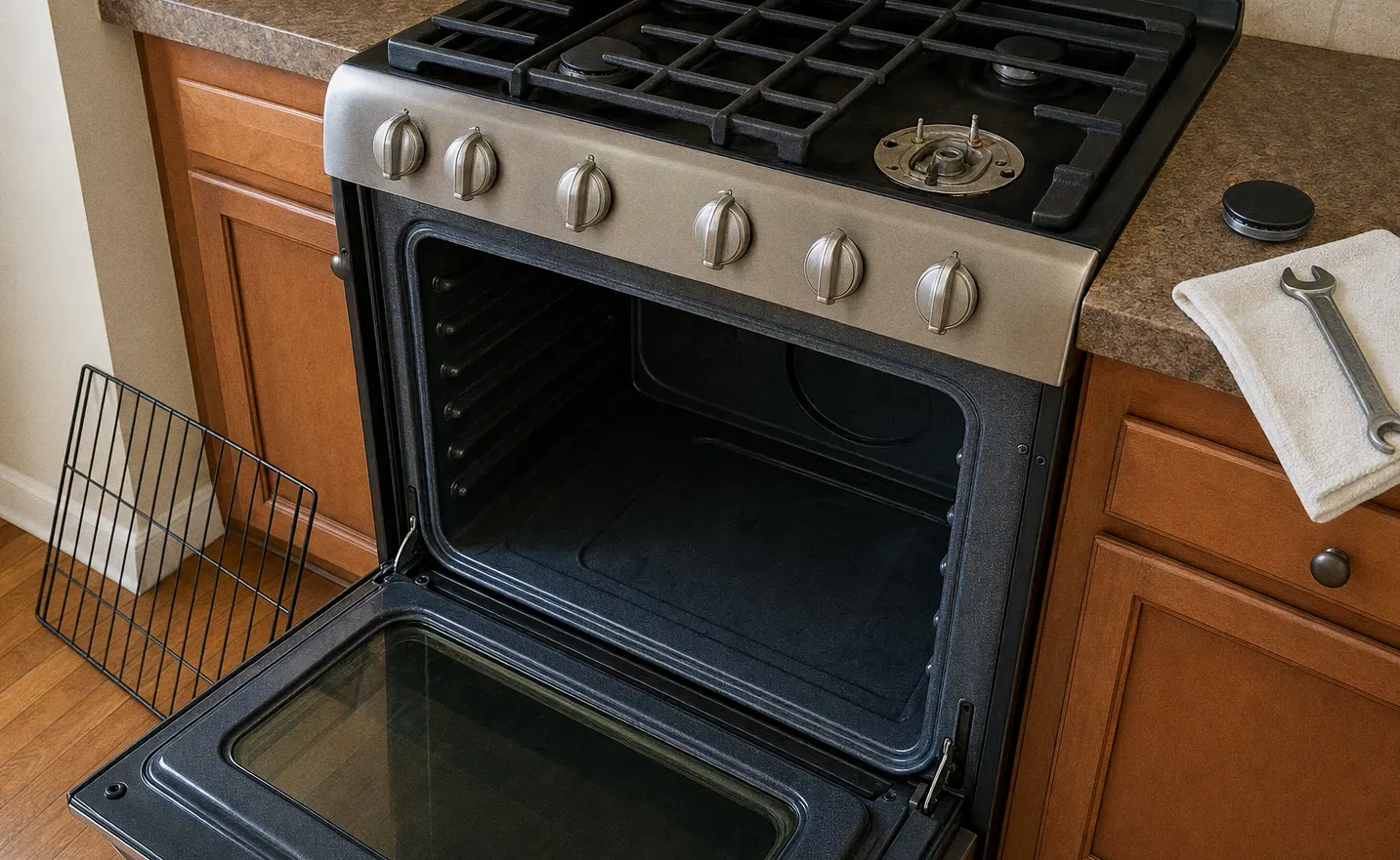 Rangetop with one burner taken down to its base and the oven door lowered below showing the door glass