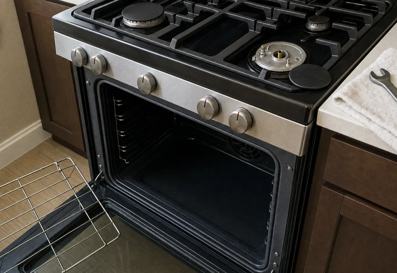 Black and stainless range with the oven open and a wire rack propped against the lowered door