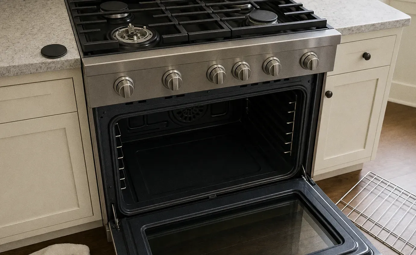 Gas range in a run of white cabinets, oven door open and one burner apart, a rack on the floor alongside