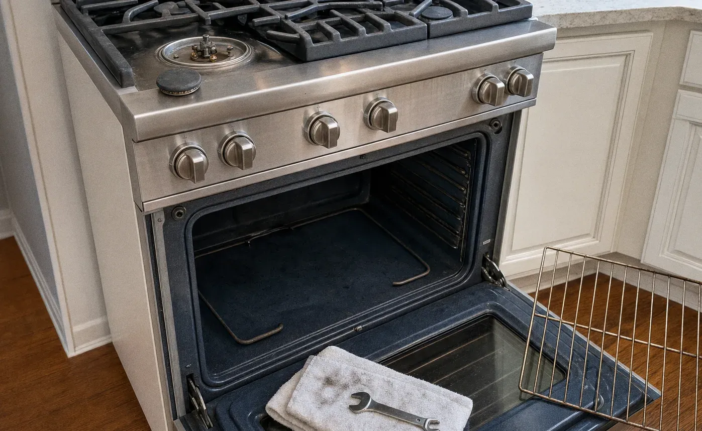 Empty oven cavity with the door down, a wrench on a towel on the floor and a rack propped at the side